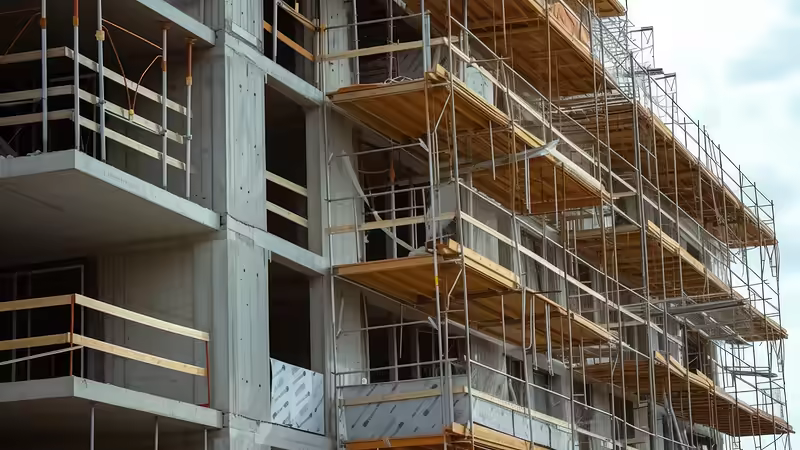 Immeuble en béton armé en construction entouré d'échafaudages, illustrant les études de génie civil