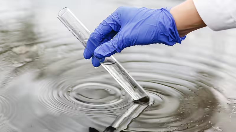 Main gantée prélevant un échantillon d'eau dans une éprouvette pour analyse hydraulique