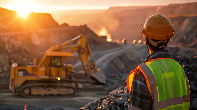 Ingénieur casqué observant une excavatrice dans une carrière à ciel ouvert au coucher du soleil